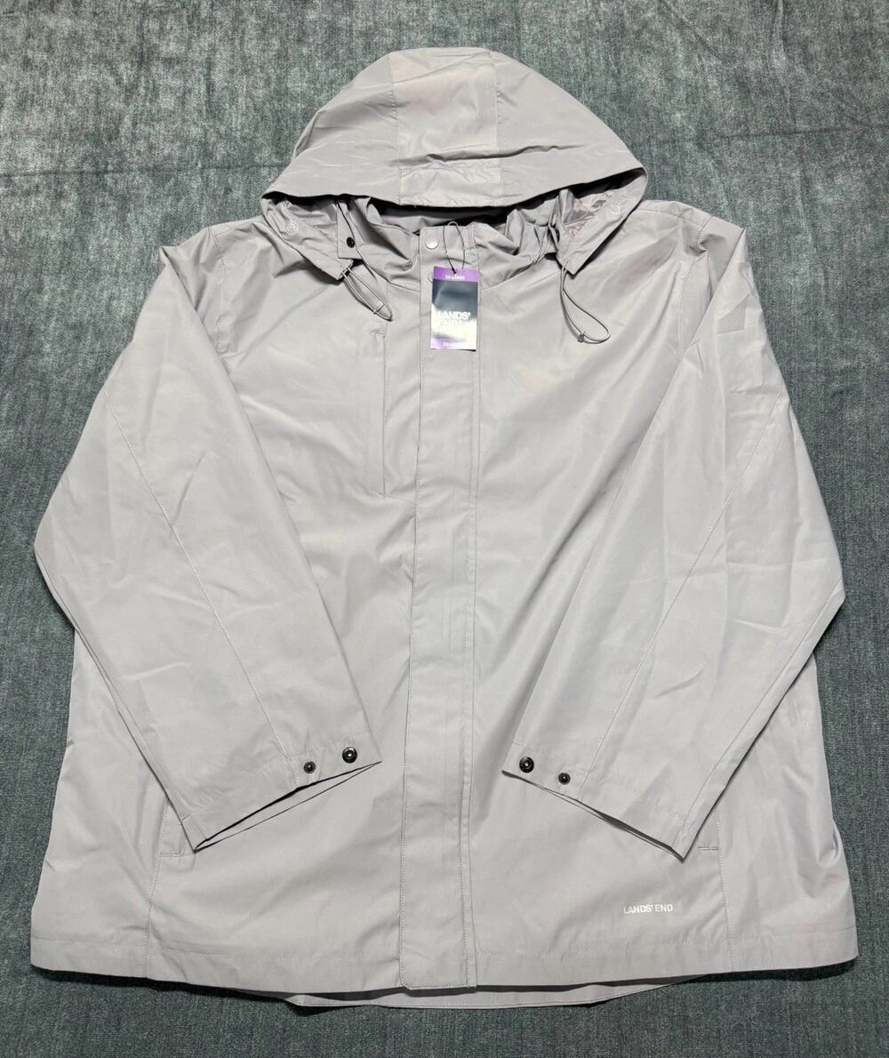 NWT Lands' End Hooded Packable Rain Jacket Men's Gray XXL/S (50-52) Waterproof